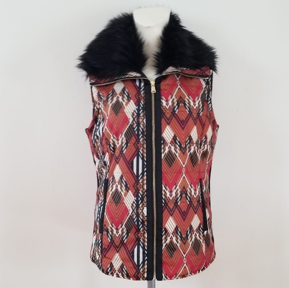 Rafaella Weekend Geometric Faux Fur Collar Vest